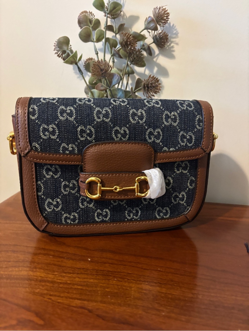 Monogram Navy Crossbody with Brown Leather Trim